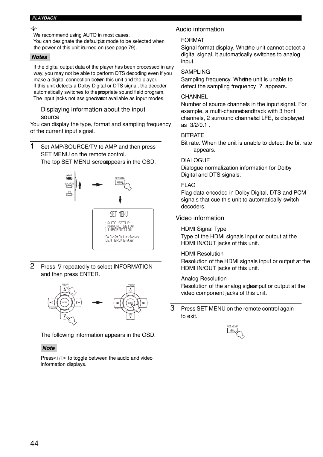 Yamaha RX-V1600 owner manual Displaying information about the input Source, Audio information, Video information 