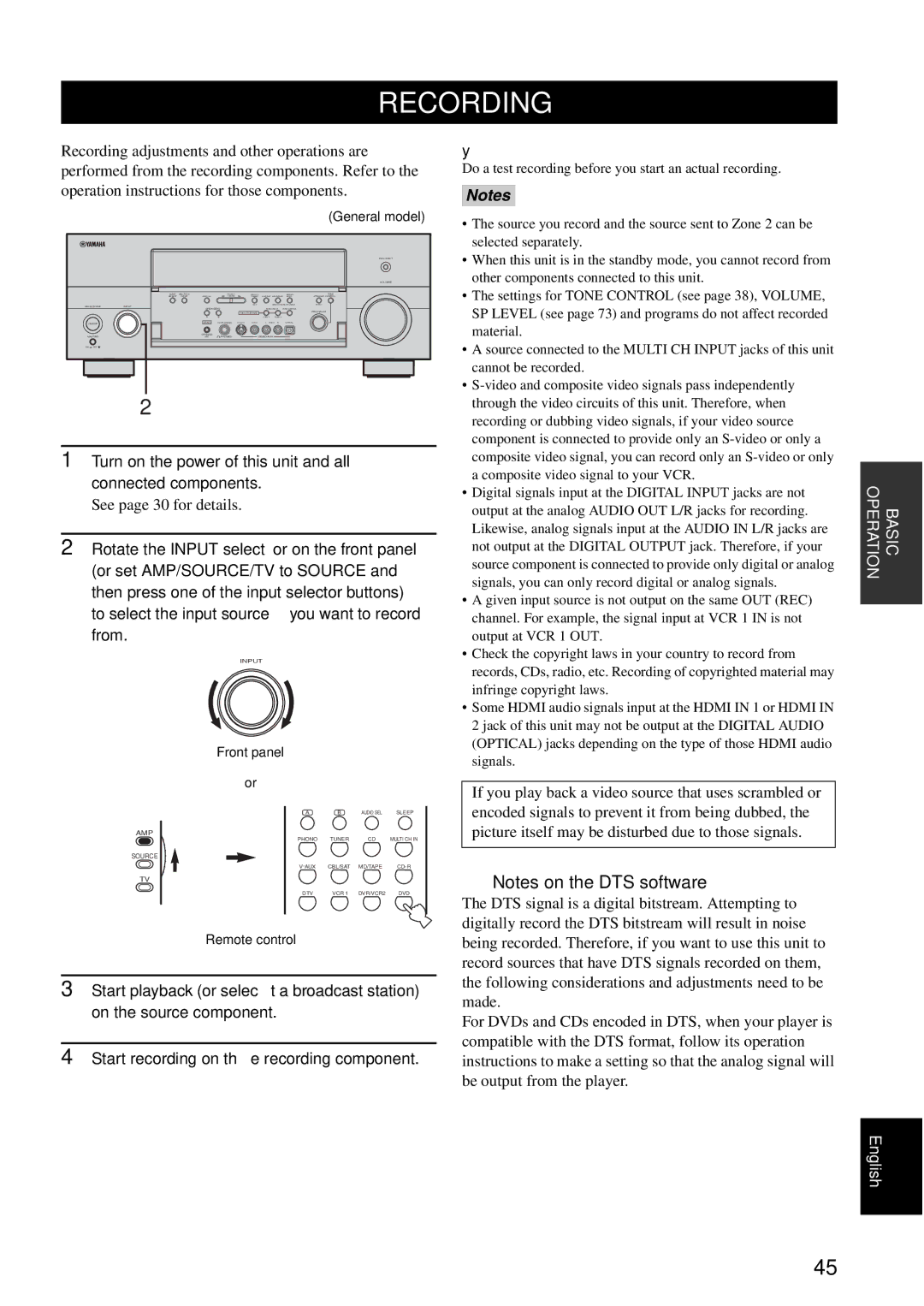 Yamaha RX-V1600 owner manual Recording, Turn on the power of this unit and all connected components, Front panel or 