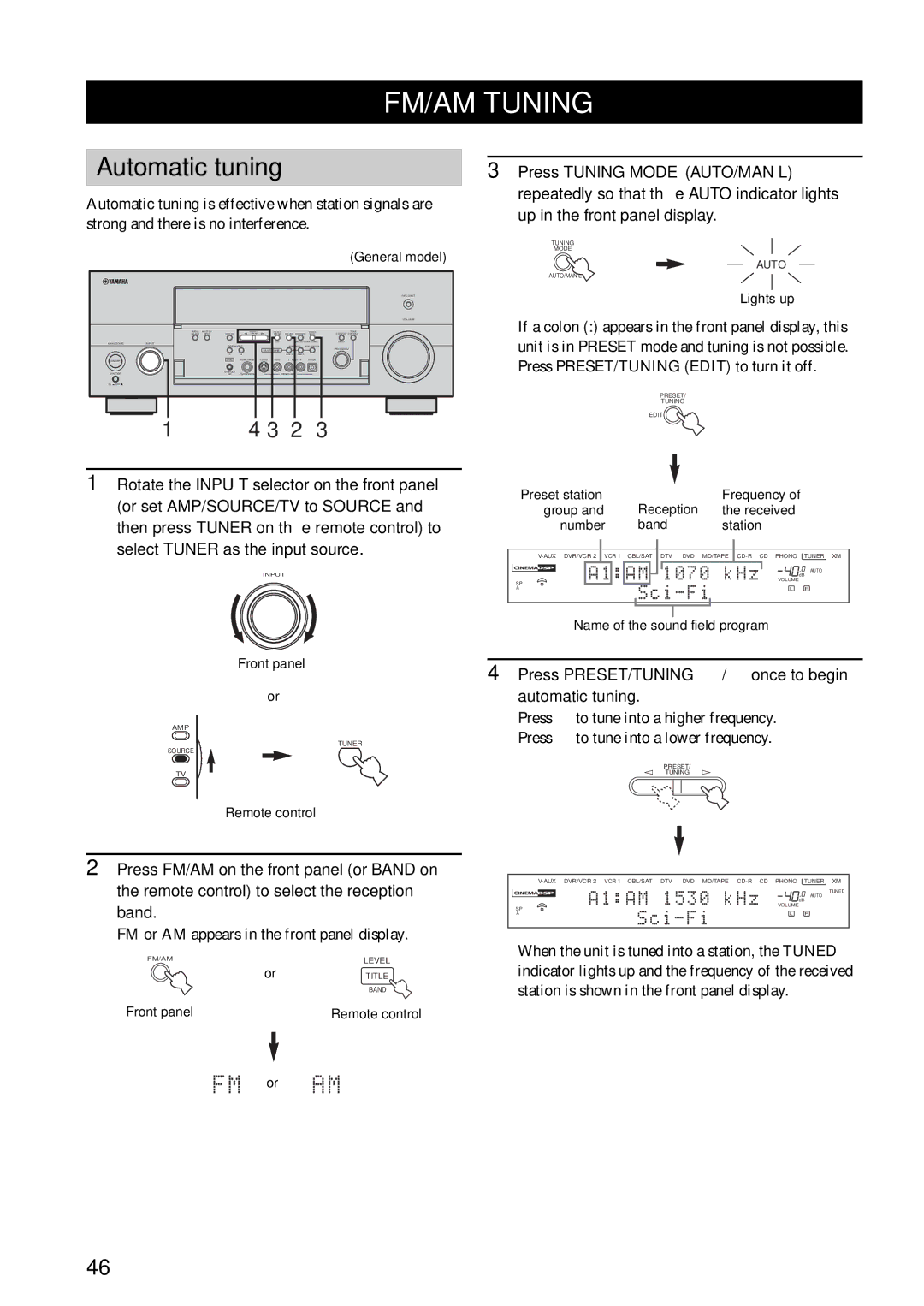 Yamaha RX-V1600 owner manual FM/AM Tuning, Automatic tuning, Press PRESET/TUNING l / h once to begin automatic tuning 