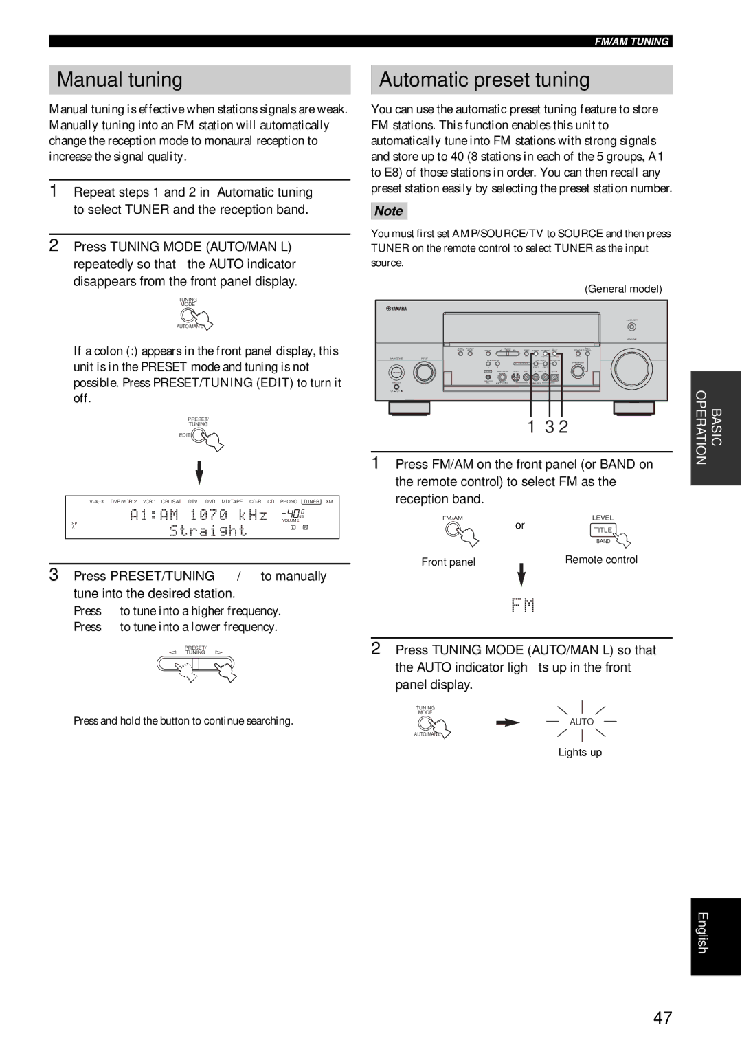 Yamaha RX-V1600 owner manual Manual tuning Automatic preset tuning, Straight 