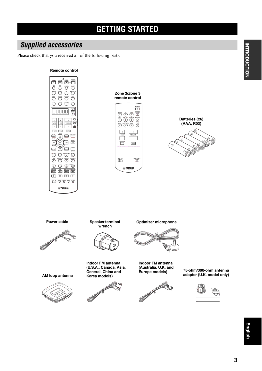 Yamaha RX-V1600 Getting Started, Supplied accessories, Please check that you received all of the following parts 