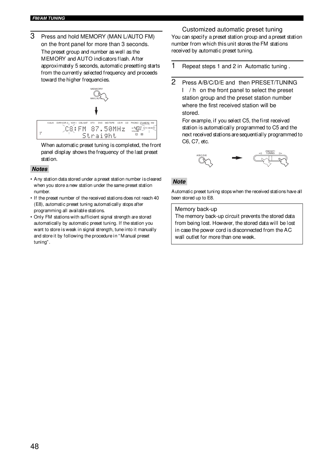 Yamaha RX-V1600 owner manual Customized automatic preset tuning, Memory back-up 