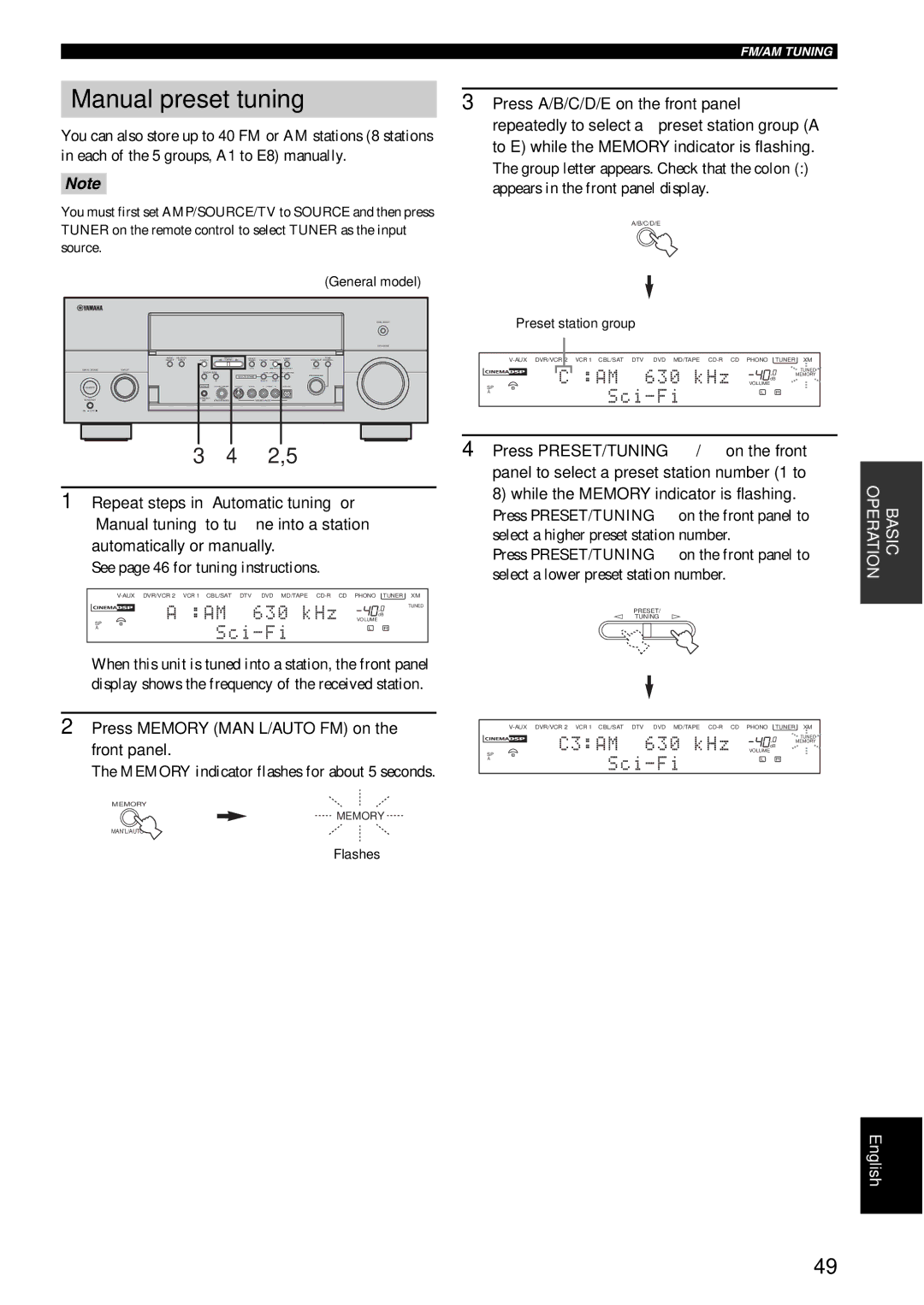 Yamaha RX-V1600 Manual preset tuning, See page 46 for tuning instructions, Press Memory MAN’L/AUTO FM on the front panel 