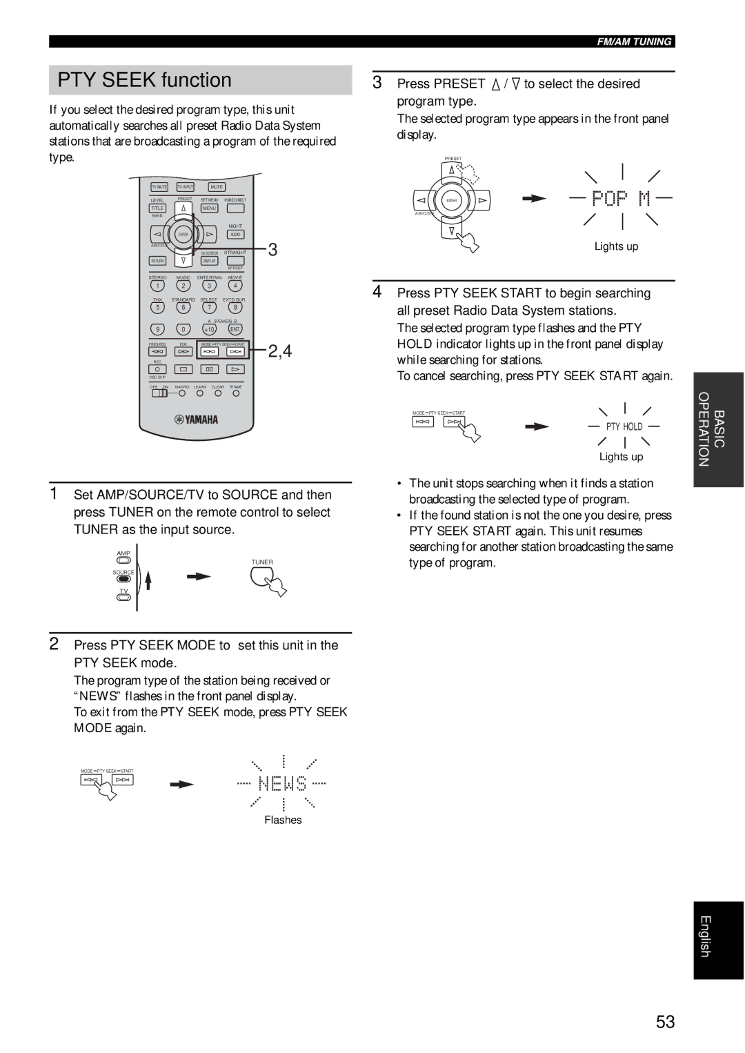 Yamaha RX-V1600 owner manual PTY Seek function, Press PTY Seek Mode to set this unit in the PTY Seek mode 