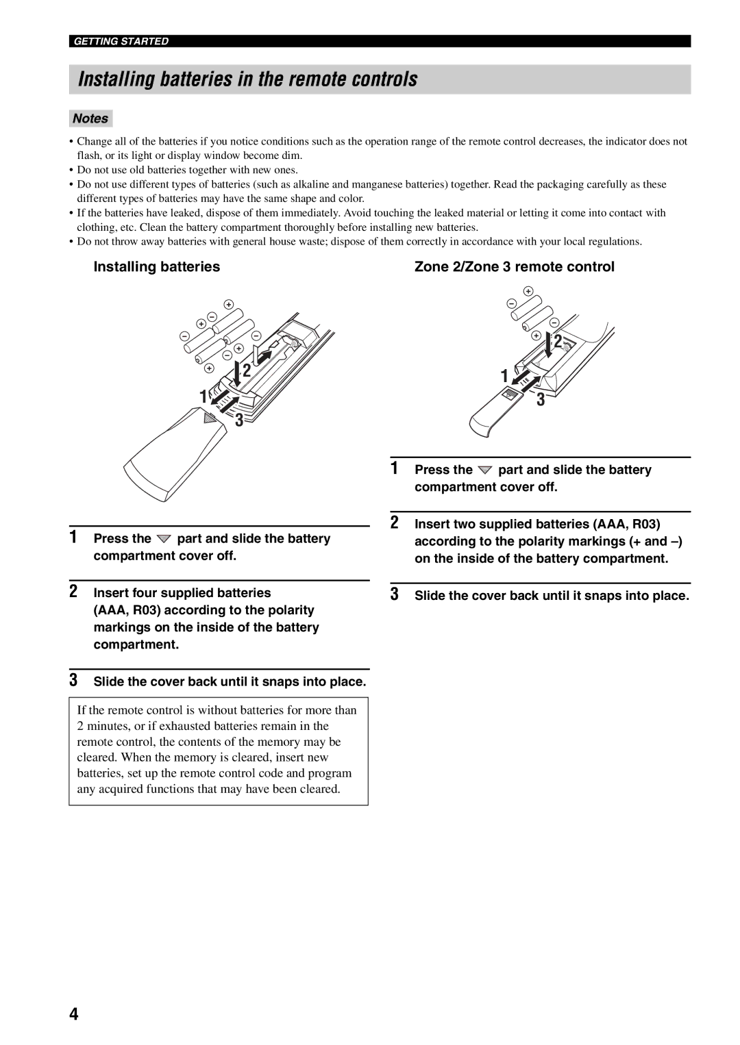 Yamaha RX-V1600 owner manual Installing batteries in the remote controls, Installing batteries Zone 2/Zone 3 remote control 