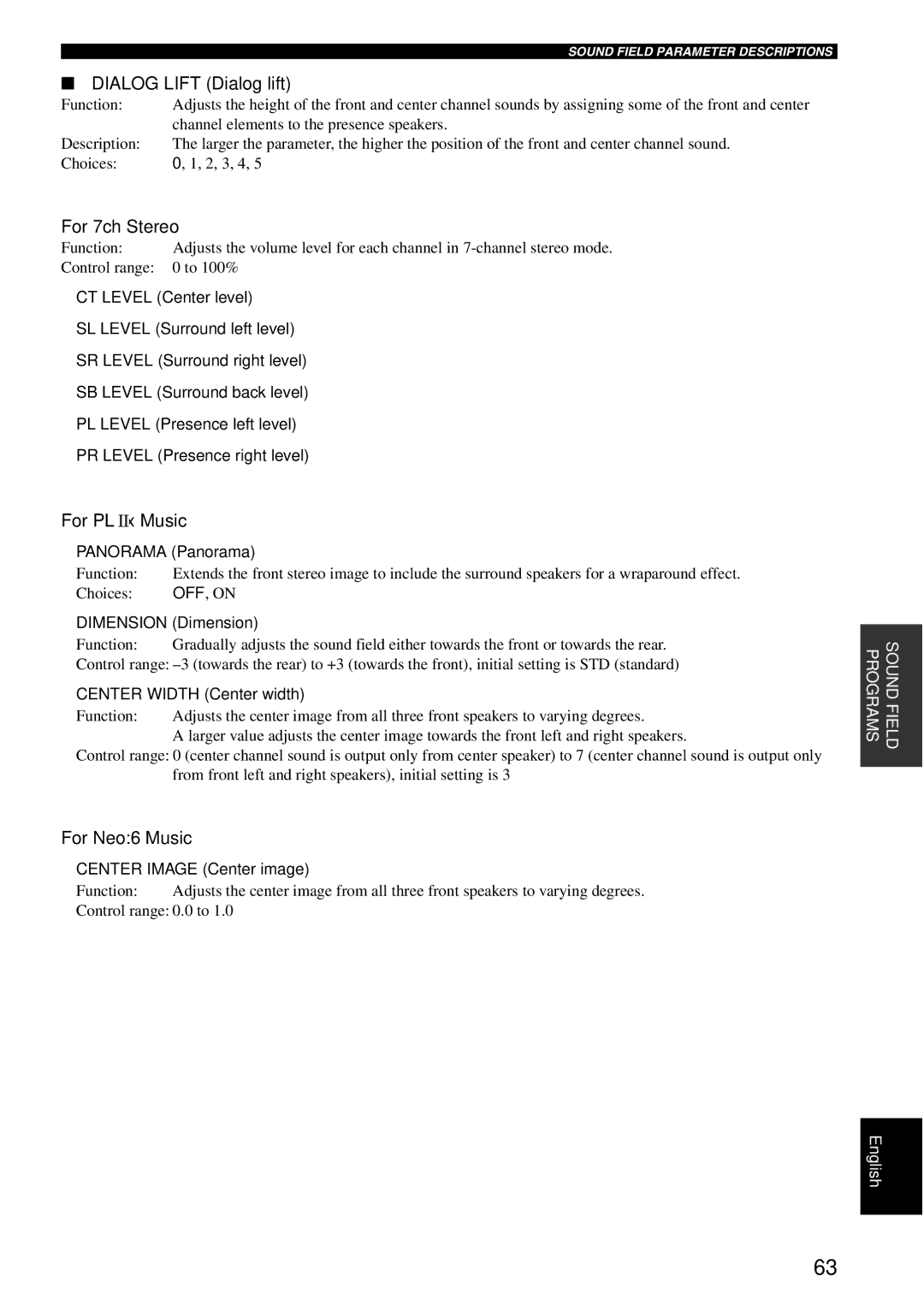 Yamaha RX-V1600 owner manual Dialog Lift Dialog lift, For 7ch Stereo, For PL x Music, For Neo6 Music 