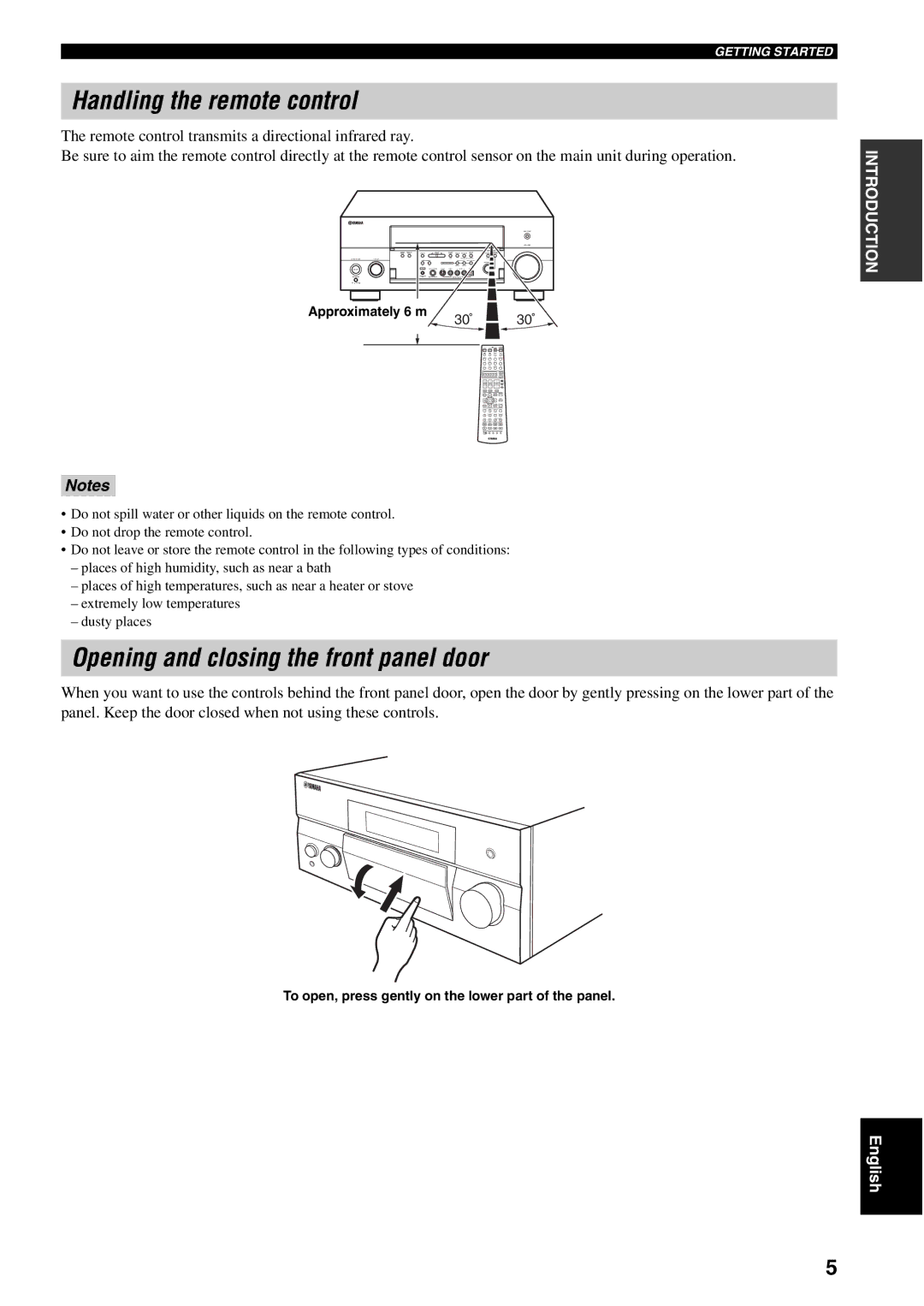 Yamaha RX-V1600 owner manual Handling the remote control, Opening and closing the front panel door, Approximately 6 m 