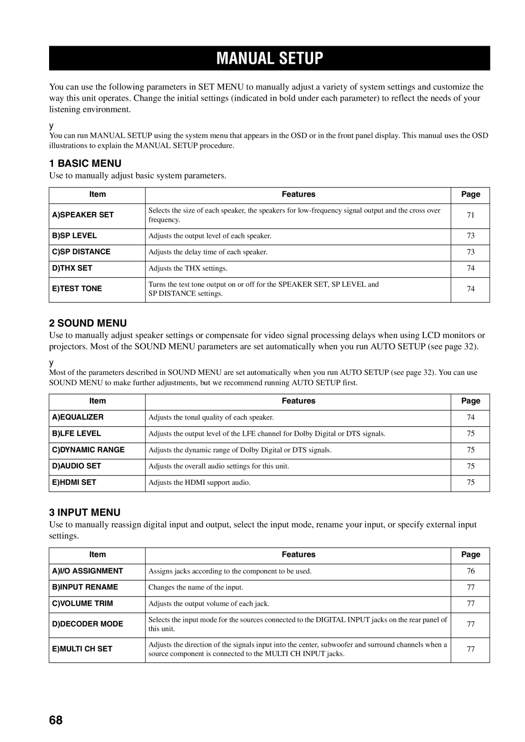 Yamaha RX-V1600 owner manual Manual Setup, Use to manually adjust basic system parameters 