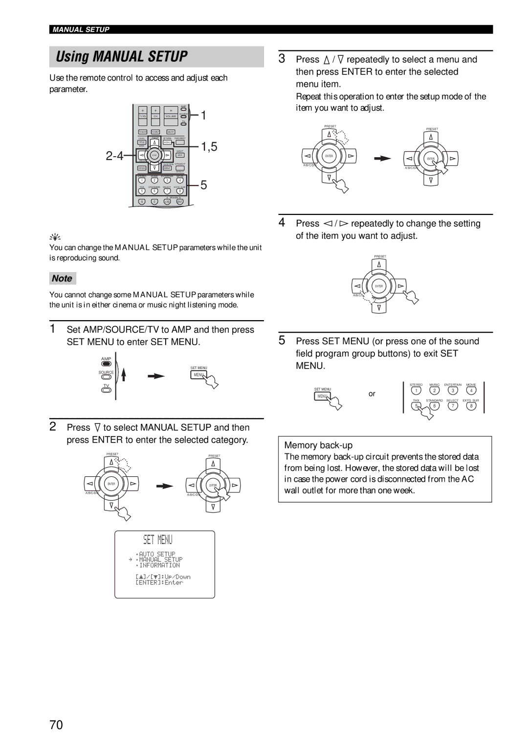 Yamaha RX-V1600 owner manual Using Manual Setup, Use the remote control to access and adjust each parameter 