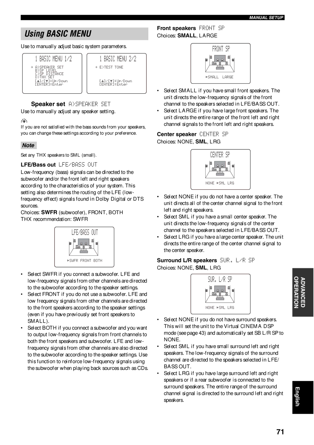 Yamaha RX-V1600 owner manual Using Basic Menu, Lfe/Bass Out, Front SP, Center SP, Sur. L/R Sp 