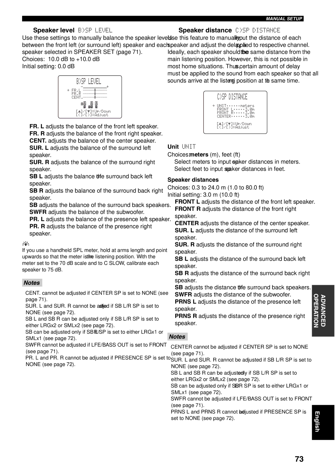 Yamaha RX-V1600 owner manual Speaker level BSP Level, Speaker distance CSP Distance 