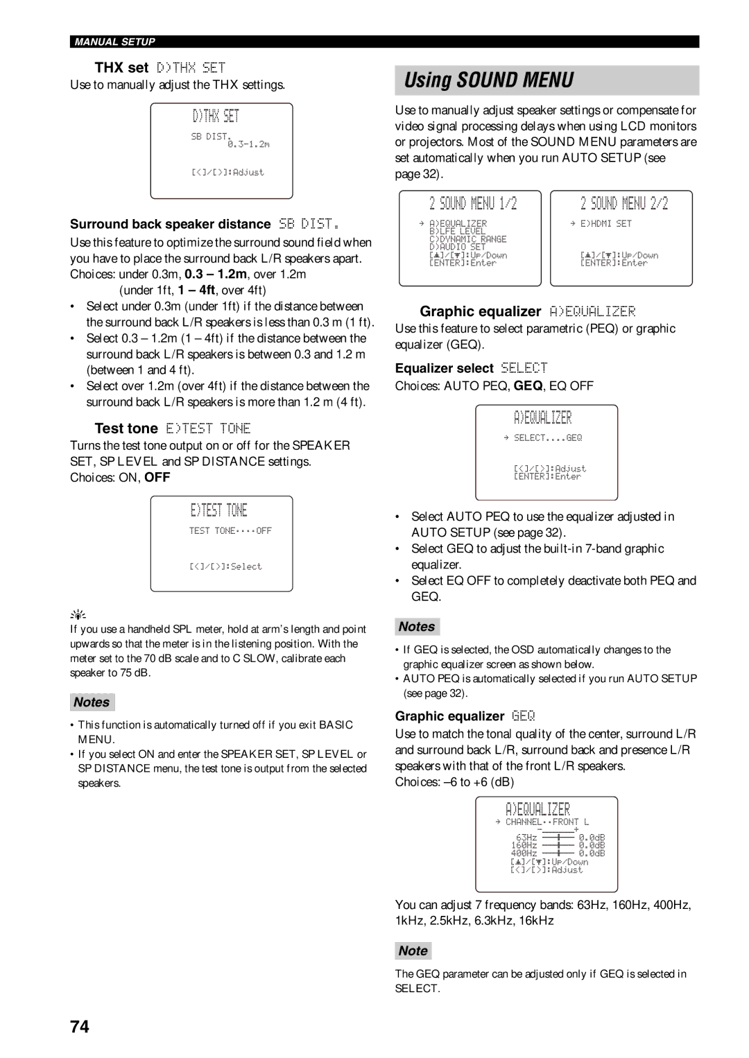 Yamaha RX-V1600 owner manual Using Sound Menu, Dthx SET, Etest Tone, Graphic equalizer Aequalizer 