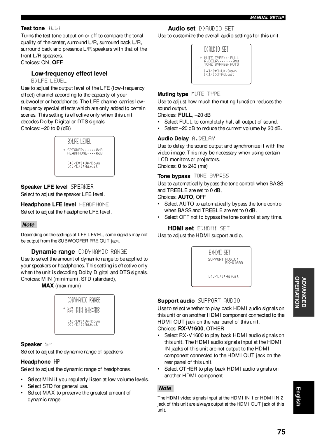 Yamaha RX-V1600 owner manual Blfe Level, Daudio SET, Ehdmi SET, Cdynamic Range, Low-frequency effect level 