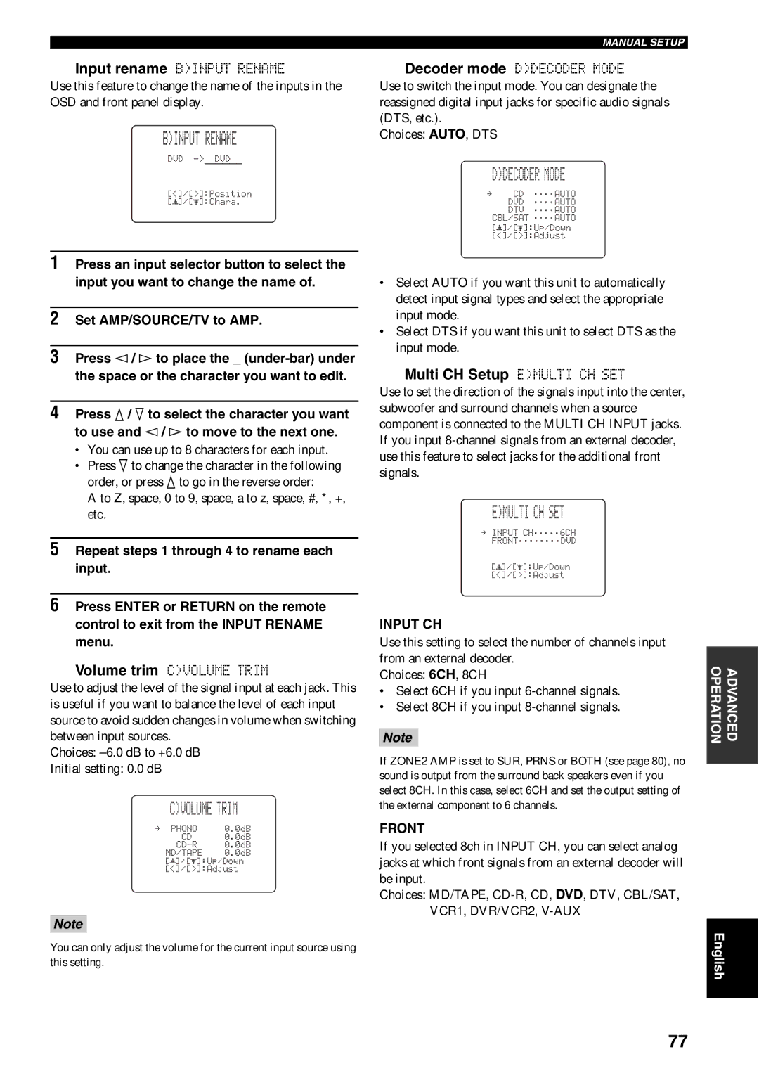 Yamaha RX-V1600 owner manual Binput Rename, Ddecoder Mode, Cvolume Trim, Multi CH Setup Emulti CH SET 