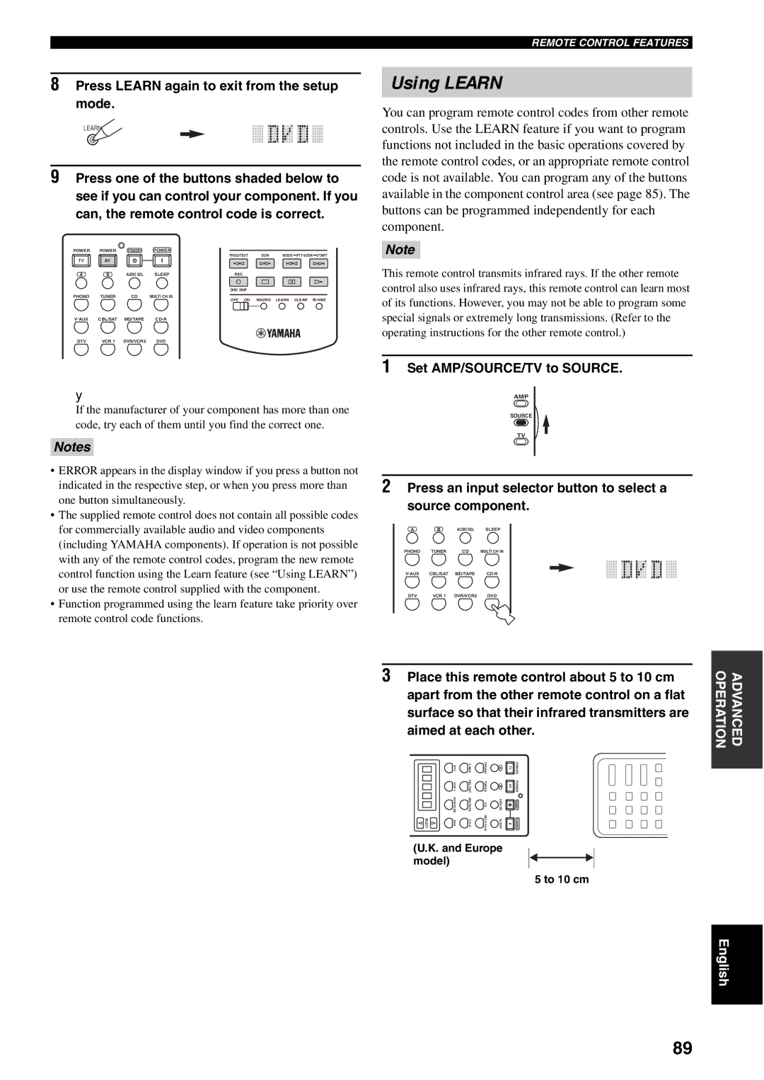 Yamaha RX-V1600 owner manual Using Learn, Press Learn again to exit from the setup mode, Europe model To 10 cm 