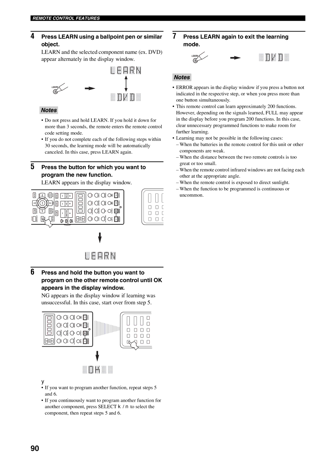 Yamaha RX-V1600 owner manual Press Learn using a ballpoint pen or similar object, Learn appears in the display window 