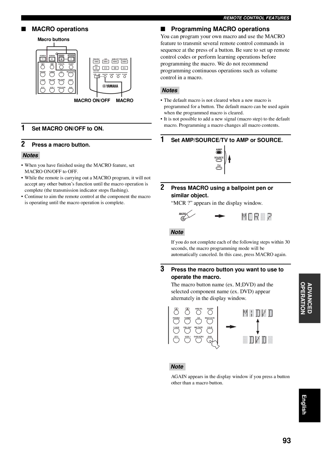 Yamaha RX-V1600 owner manual Programming Macro operations, Set Macro ON/OFF to on Press a macro button 