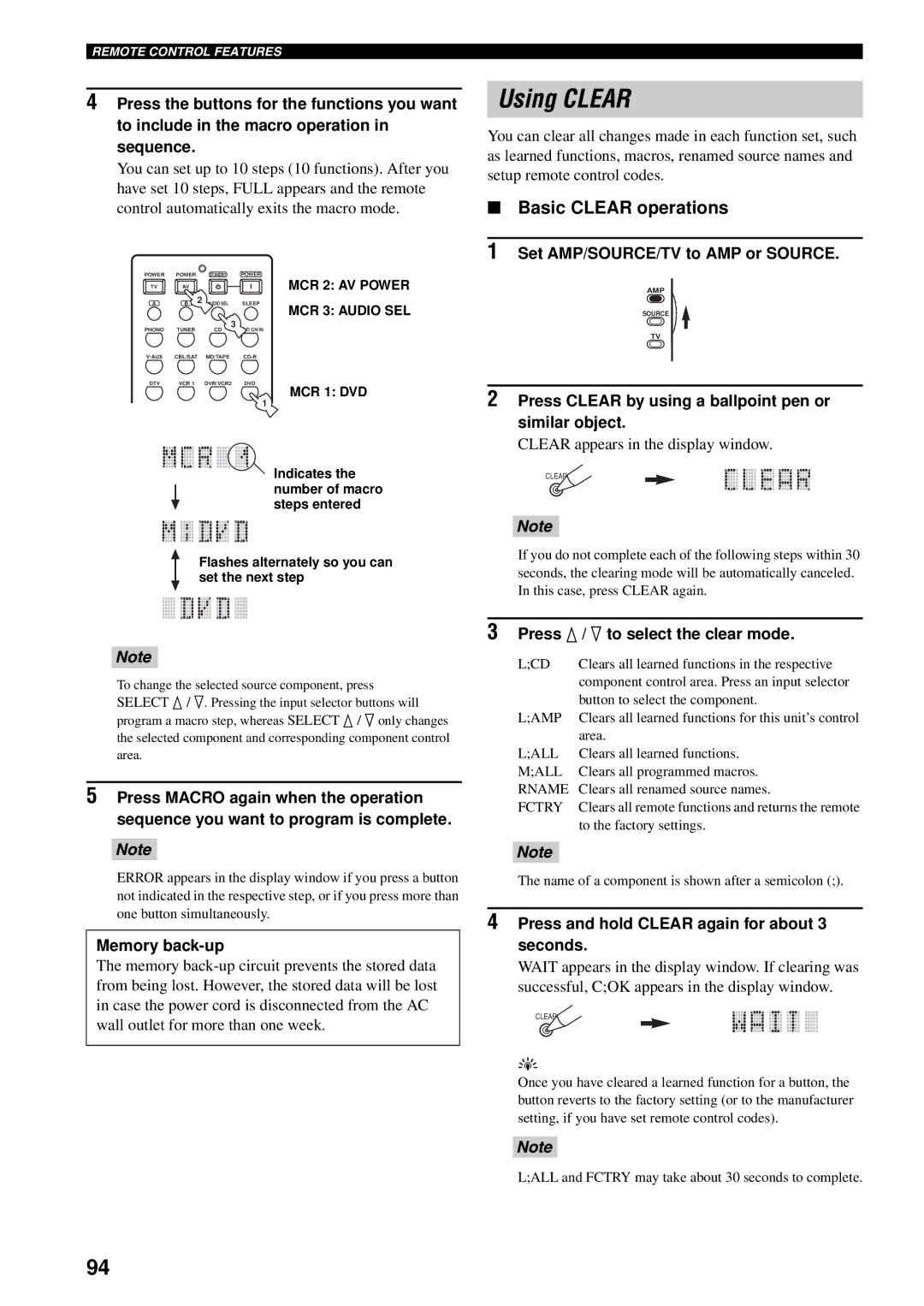 Yamaha RX-V1600 owner manual Using Clear, Basic Clear operations, Press Clear by using a ballpoint pen or similar object 