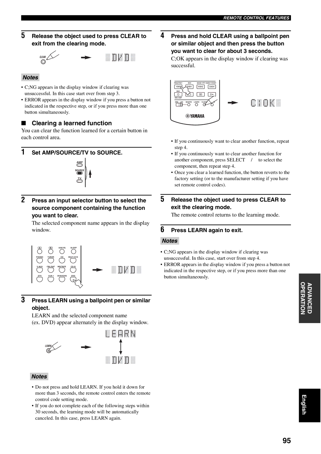 Yamaha RX-V1600 Clearing a learned function, Remote control returns to the learning mode, Press Learn again to exit 