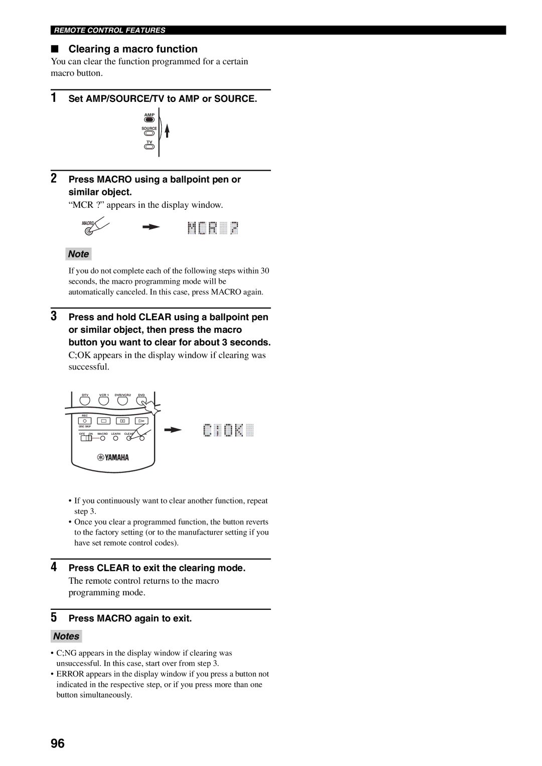 Yamaha RX-V1600 owner manual Clearing a macro function, Press Clear to exit the clearing mode, Press Macro again to exit 