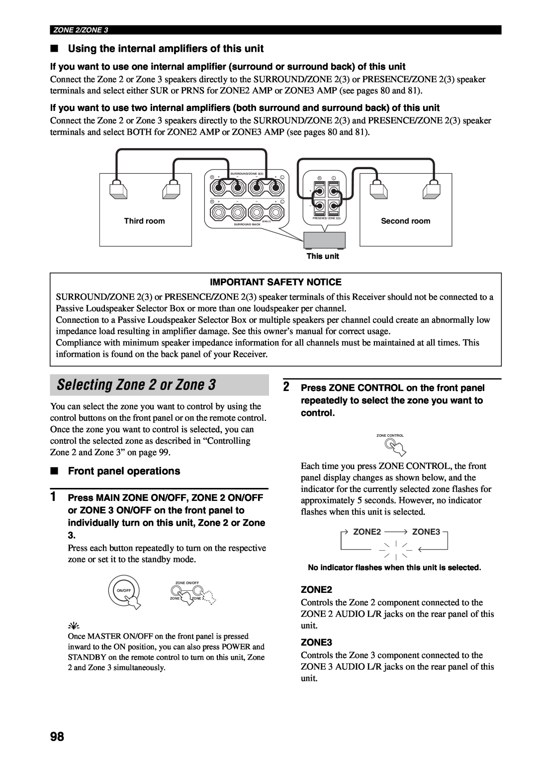 Yamaha RX-V1600 owner manual Selecting Zone 2 or Zone, Using the internal amplifiers of this unit, Front panel operations 
