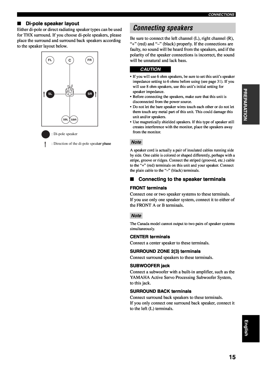 Yamaha RX-V1600 owner manual Connecting speakers, Di-polespeaker layout, Connecting to the speaker terminals 