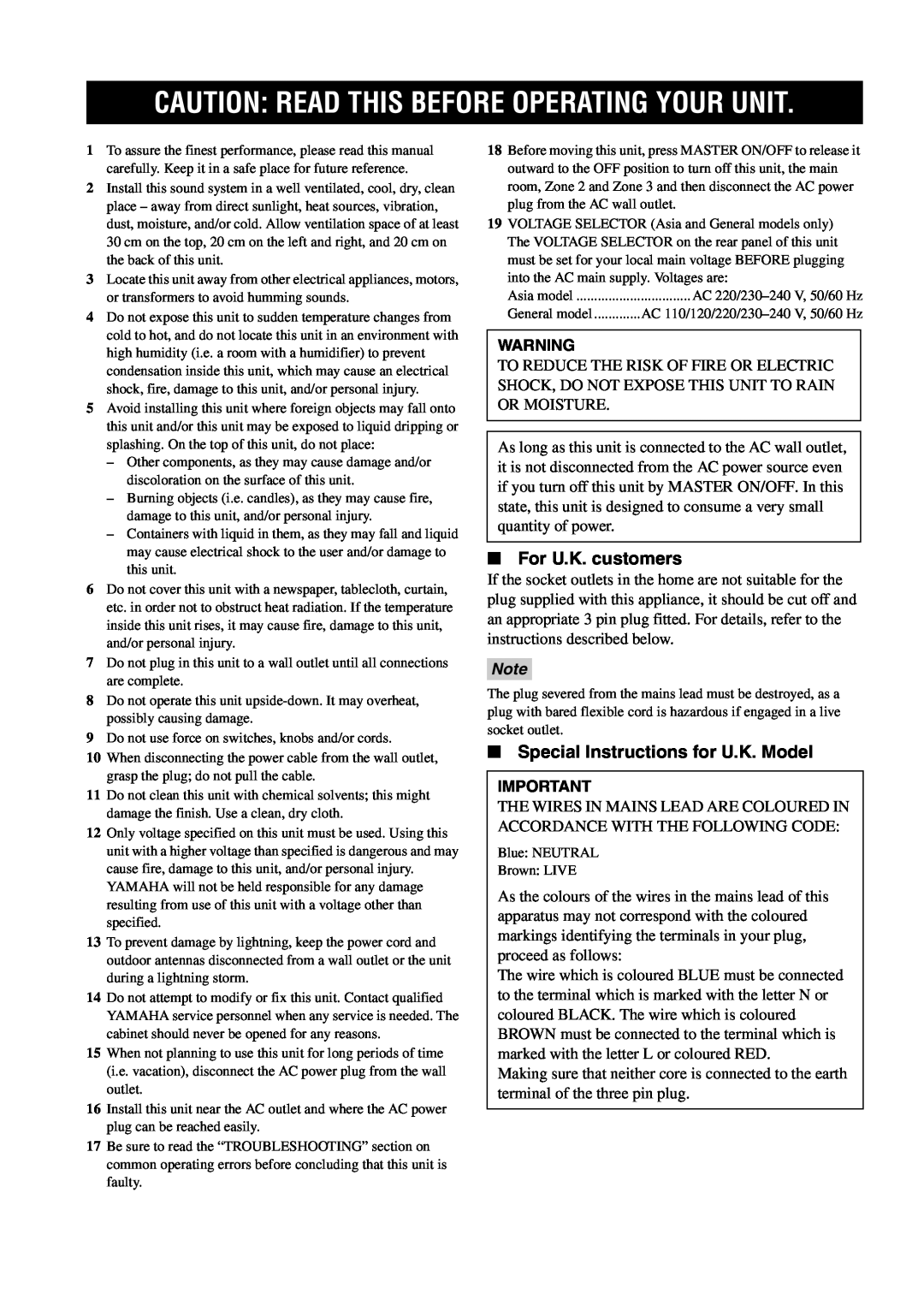Yamaha RX-V1600 Caution: Read This Before Operating Your Unit, For U.K. customers, Special Instructions for U.K. Model 