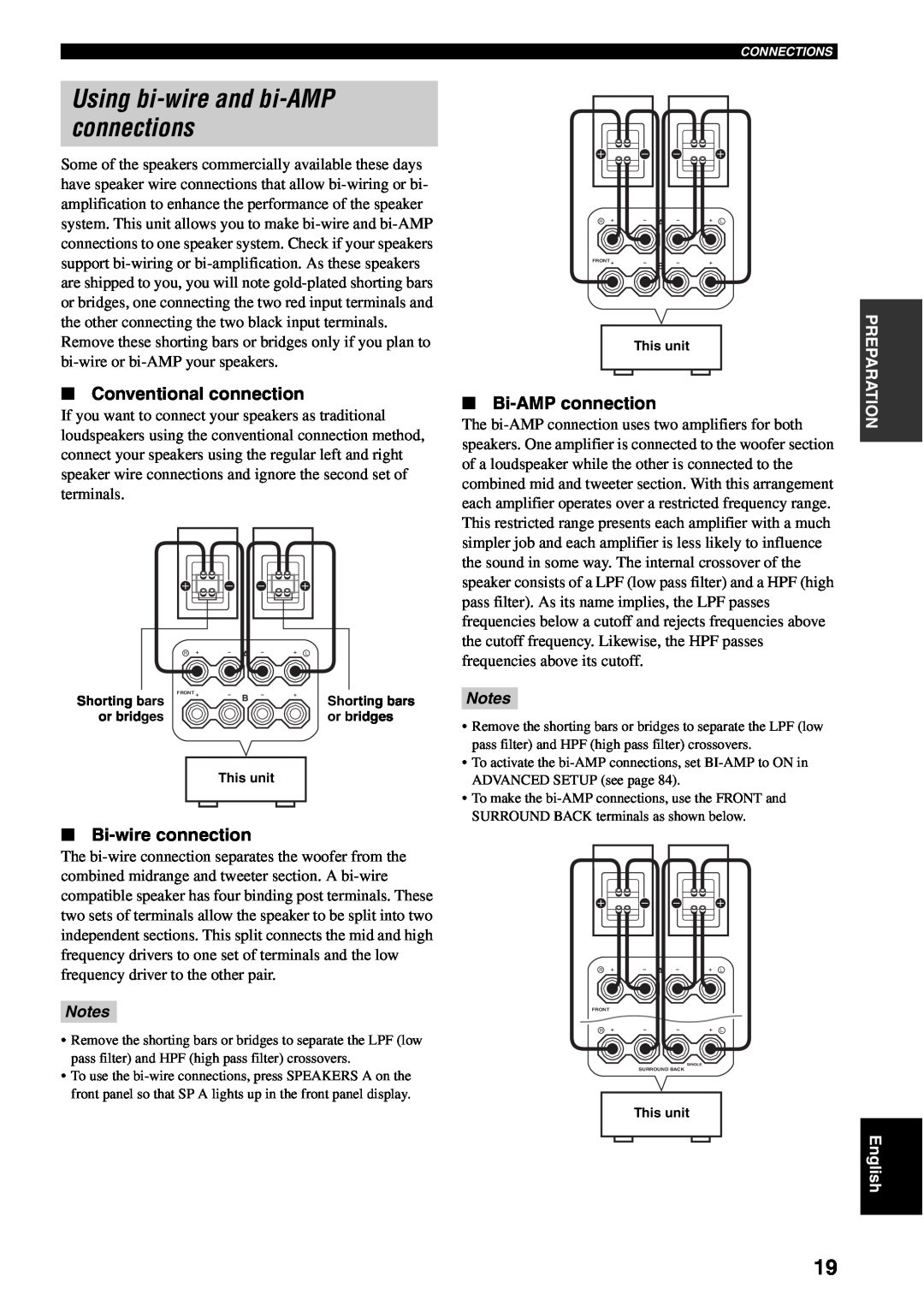 Yamaha RX-V1600 Using bi-wireand bi-AMPconnections, Conventional connection, Bi-wireconnection, Bi-AMPconnection, Notes 