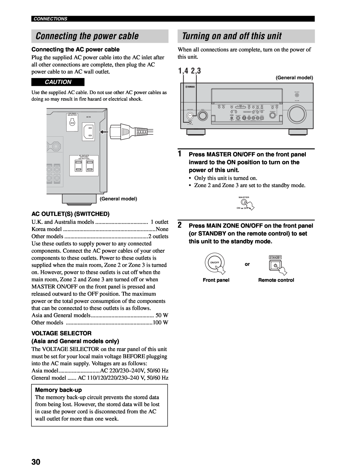 Yamaha RX-V1600 owner manual Connecting the power cable, Turning on and off this unit, 1,4 2,3 