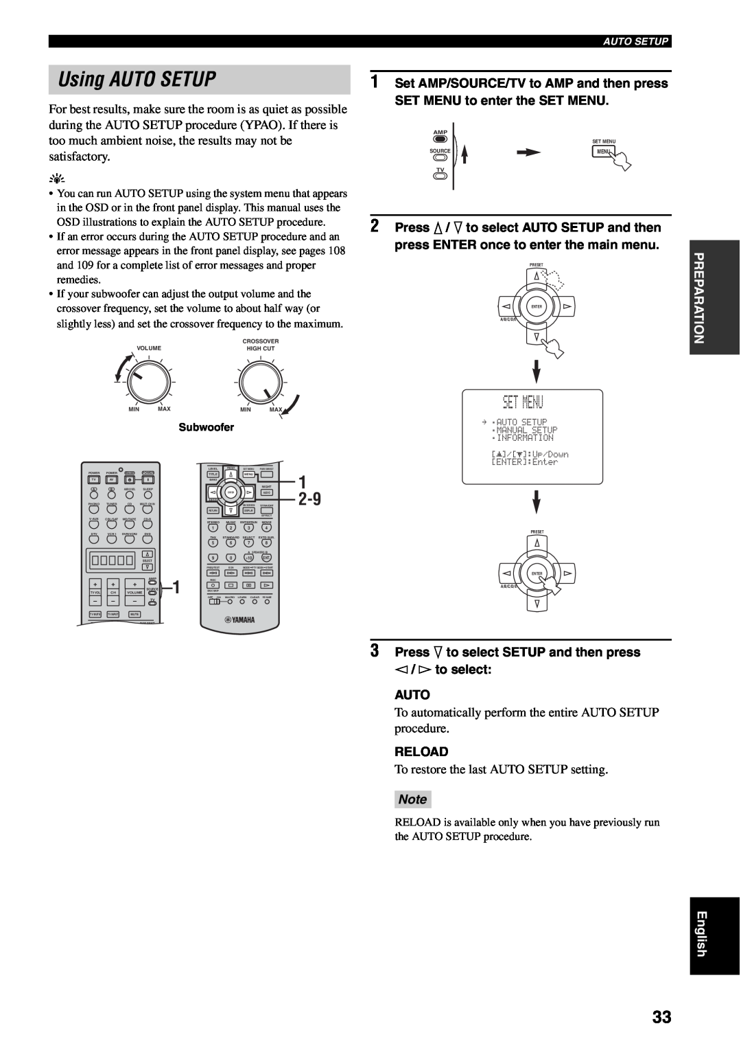 Yamaha RX-V1600 owner manual Using AUTO SETUP, Set Menu 