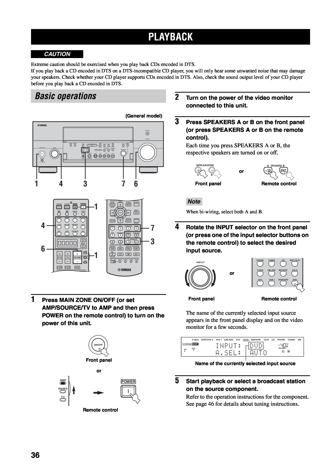 Yamaha RX-V1600 owner manual Playback, Basic operations, Input, A.Sel, Auto 