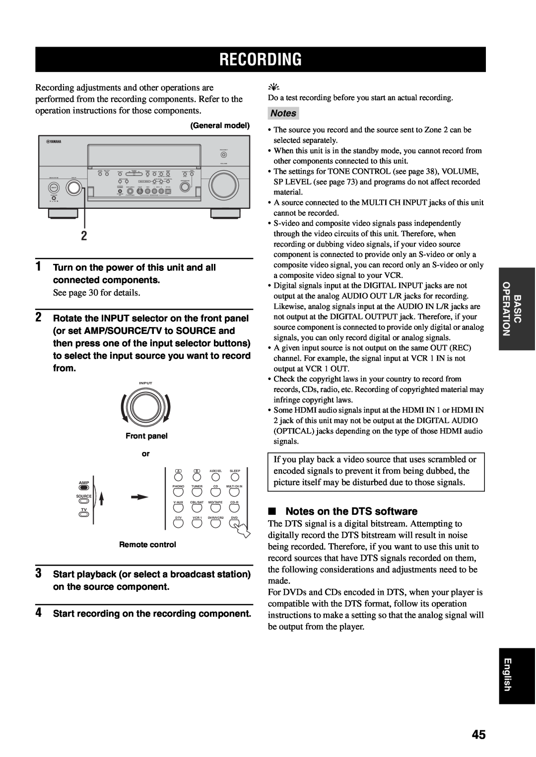 Yamaha RX-V1600 owner manual Recording, Notes on the DTS software 
