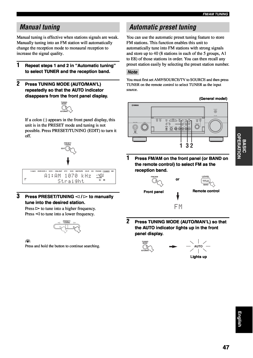 Yamaha RX-V1600 owner manual Manual tuning, Automatic preset tuning, A1:AM 1070 kHz, Straight 