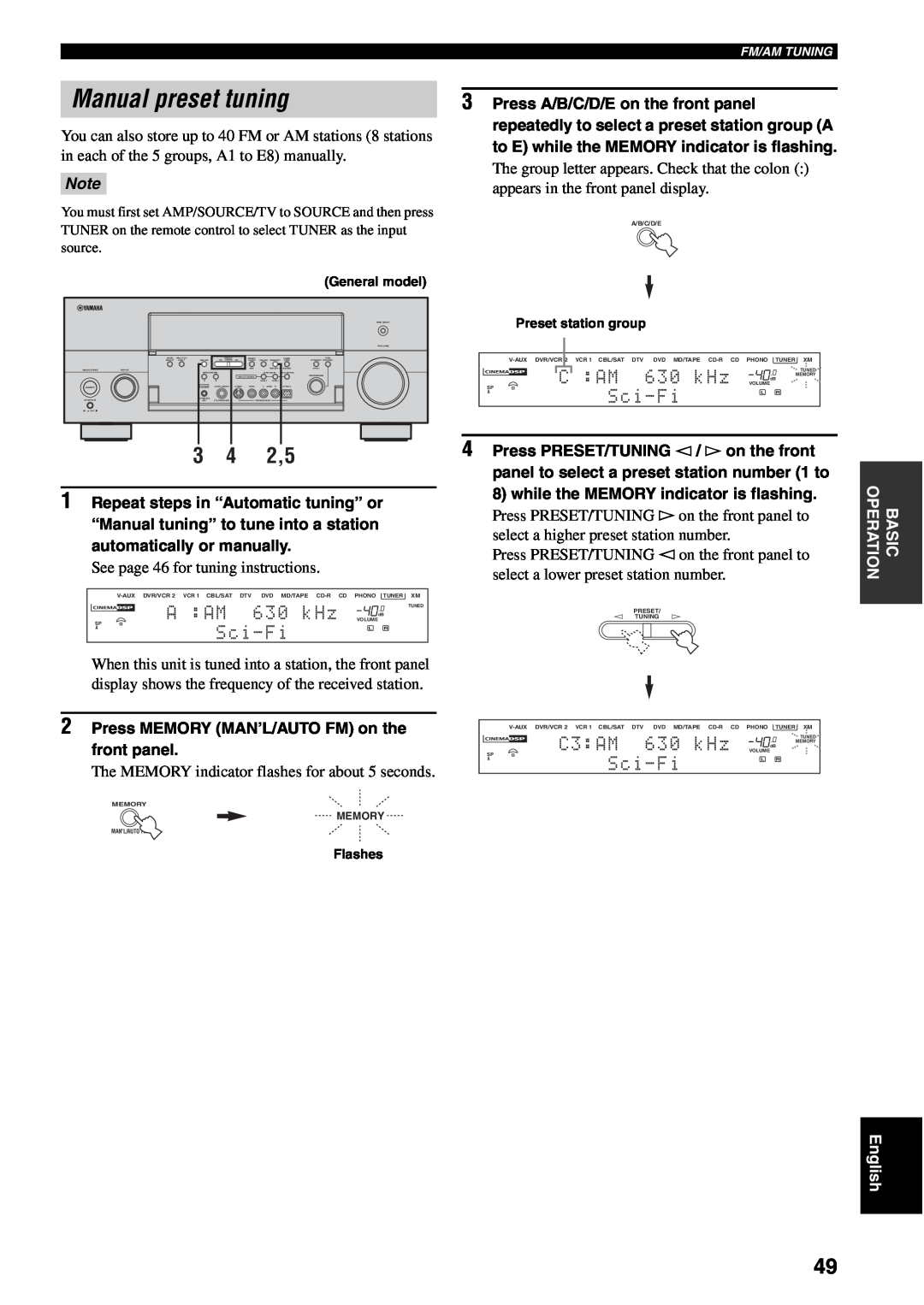 Yamaha RX-V1600 owner manual Manual preset tuning, C3:AM, Sci-Fi 