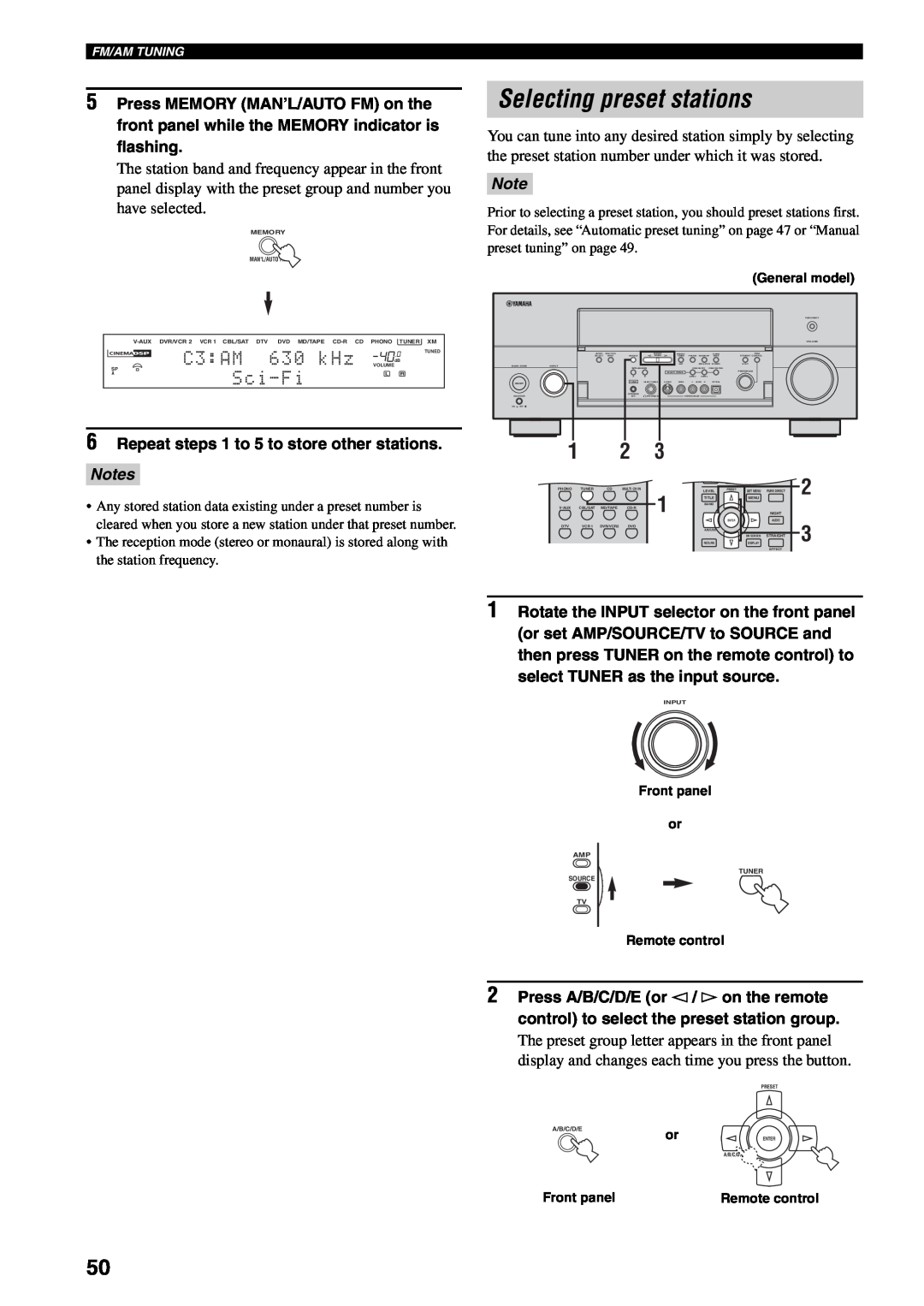 Yamaha RX-V1600 owner manual Selecting preset stations, C3 AM, Sci-Fi, Notes 