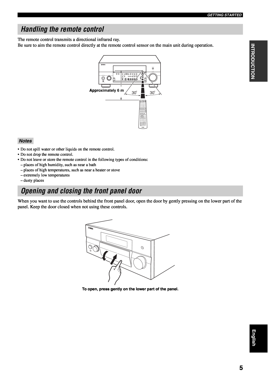 Yamaha RX-V1600 owner manual Handling the remote control, Opening and closing the front panel door, Notes 