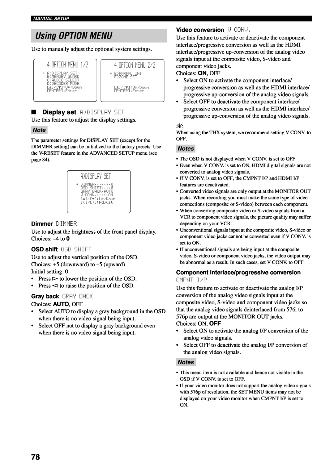 Yamaha RX-V1600 owner manual Using OPTION MENU, Adisplay Set, OPTION MENU 1/2, Notes 