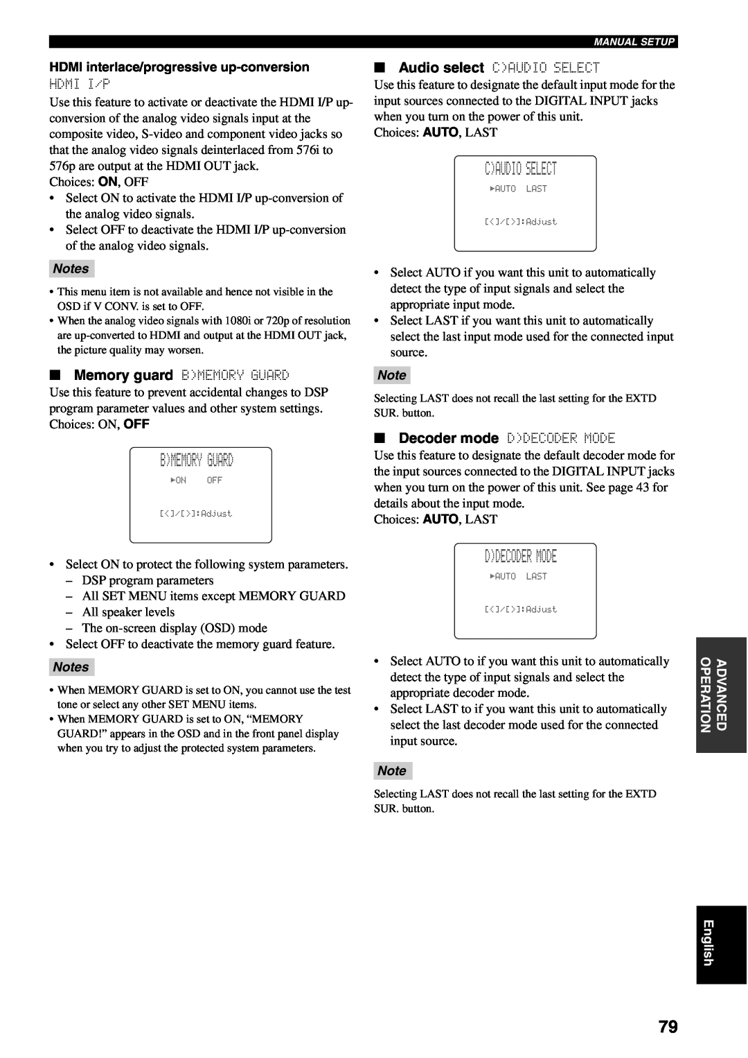 Yamaha RX-V1600 owner manual Bmemory Guard, Caudio Select, Ddecoder Mode, Notes 