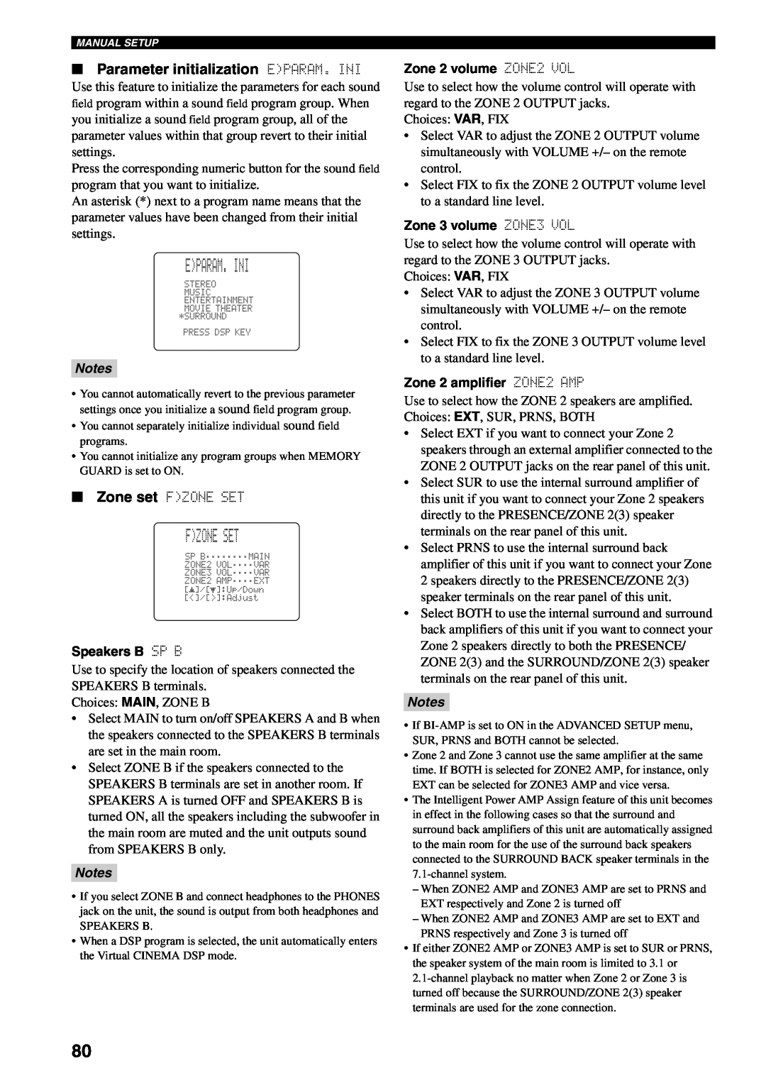 Yamaha RX-V1600 owner manual Eparam. Ini, Fzone Set, Parameter initialization EPARAM. INI, Notes 