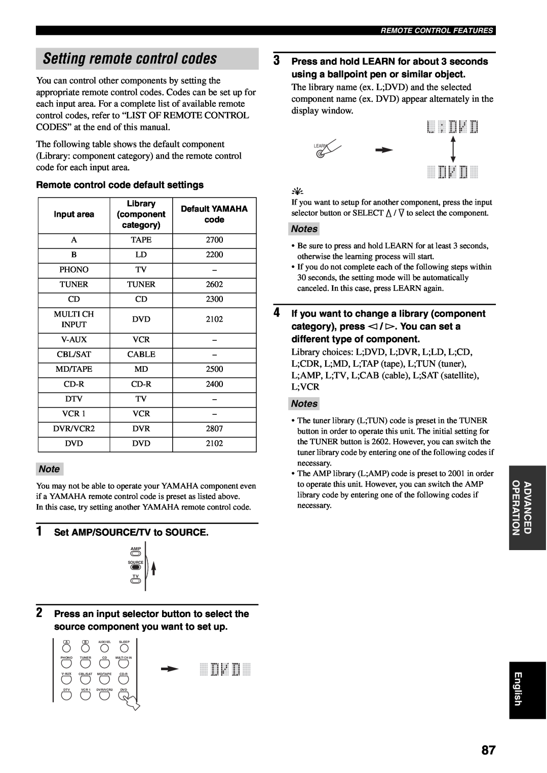 Yamaha RX-V1600 owner manual Setting remote control codes, Notes 