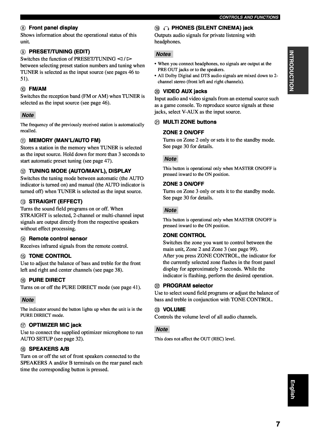 Yamaha RX-V1600 owner manual Notes, INTRODUCTION English 