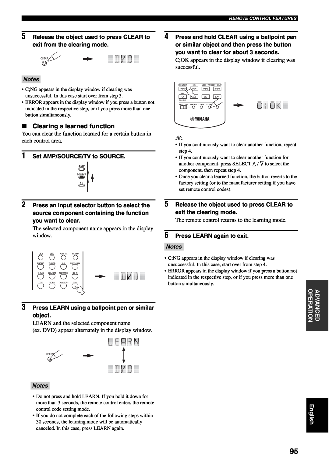 Yamaha RX-V1600 owner manual Clearing a learned function, Notes 