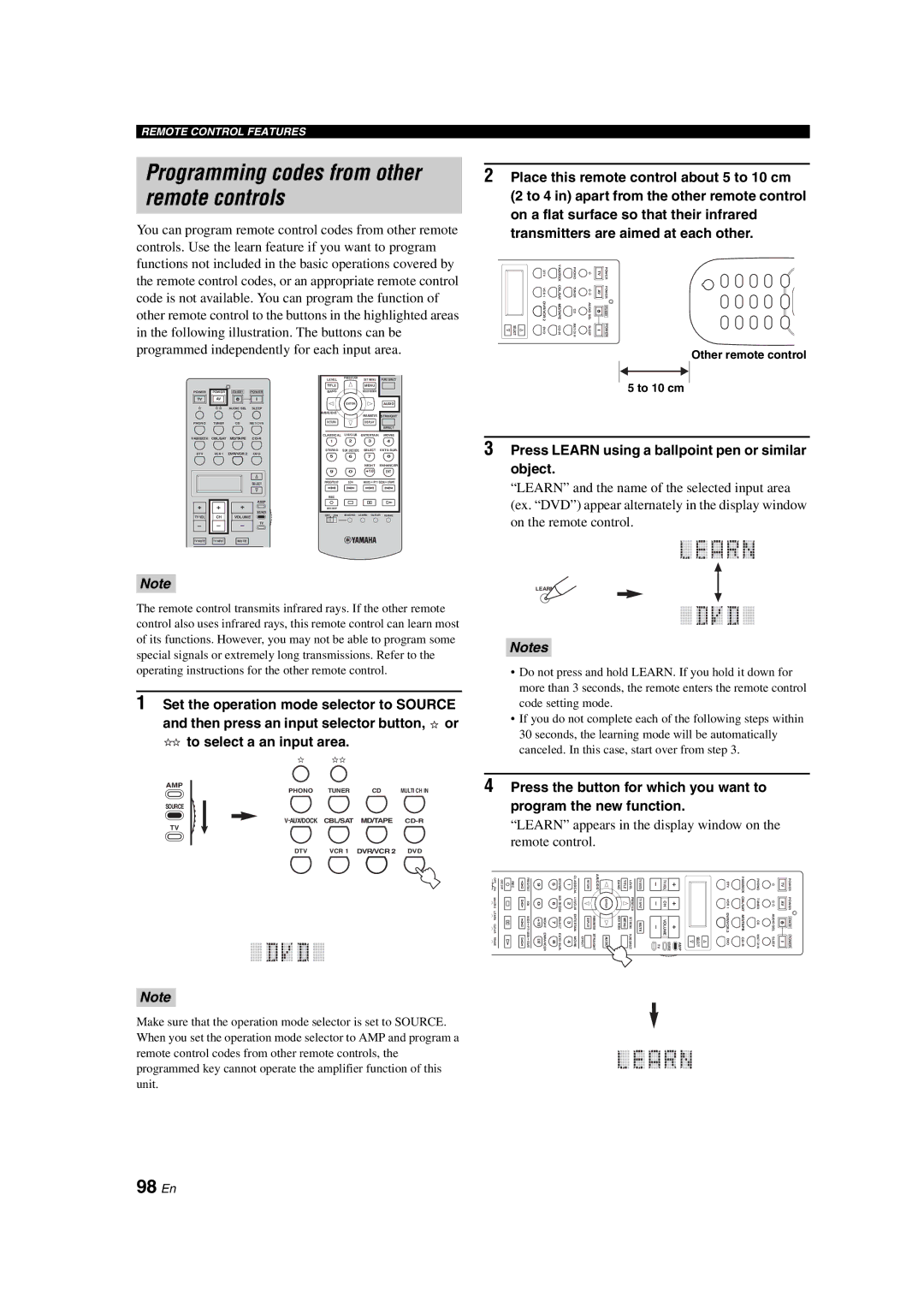 Yamaha RX-V1700 owner manual Remote controls, 98 En 