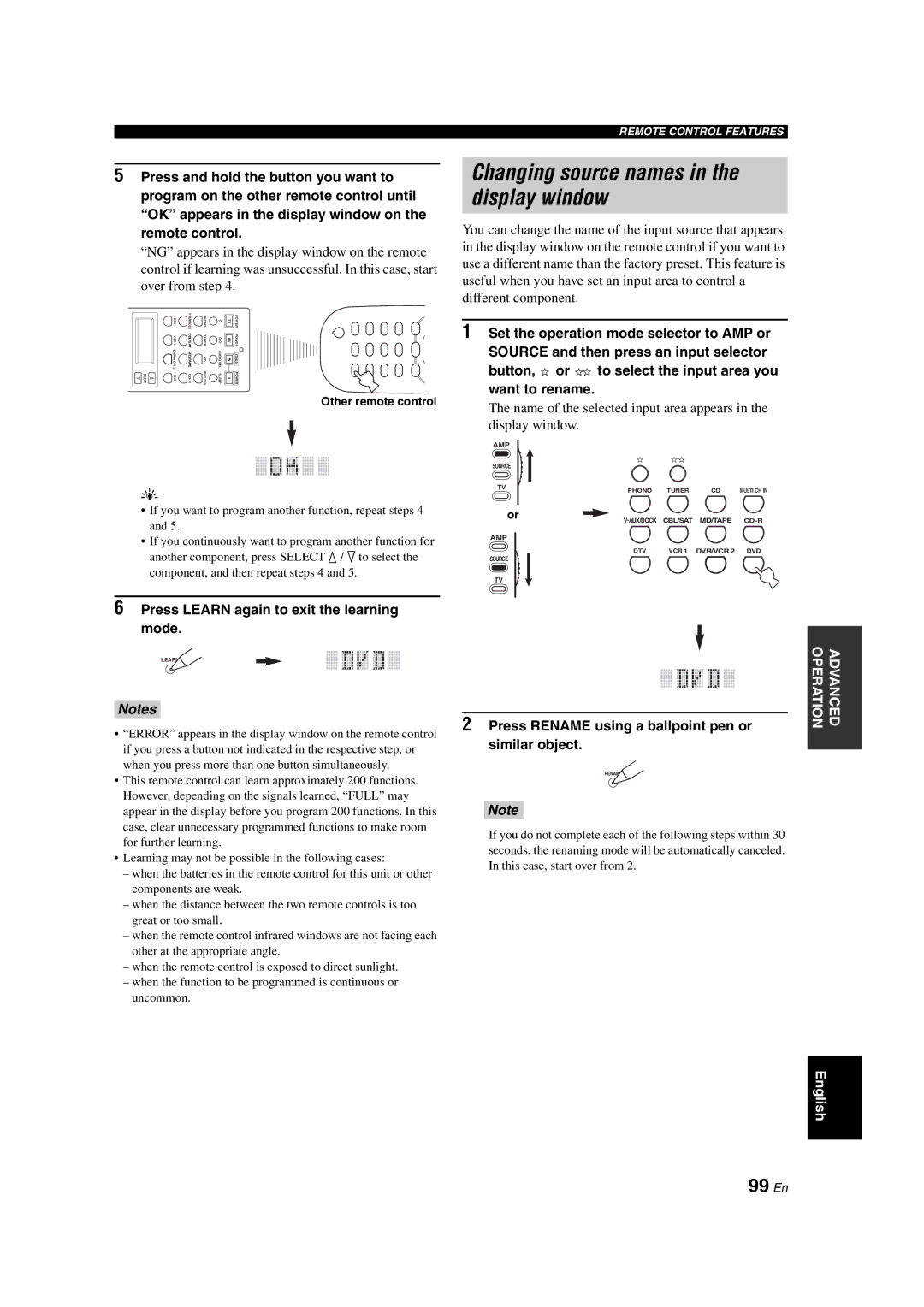 Yamaha RX-V1700 Changing source names in the display window, 99 En, Press Learn again to exit the learning mode 