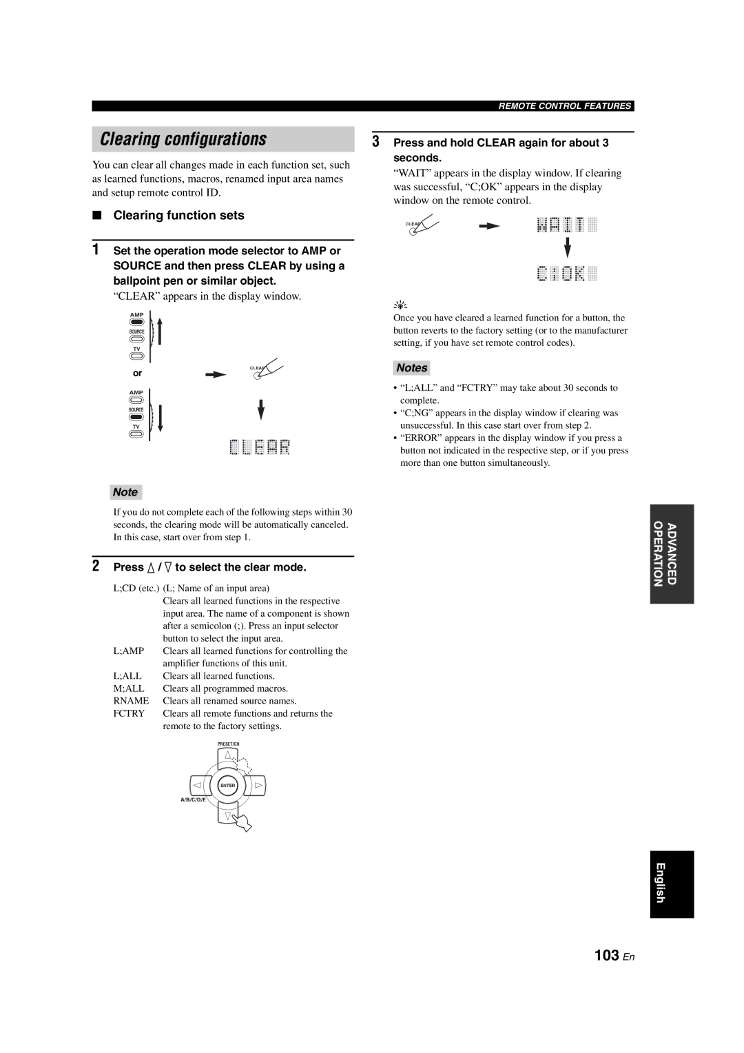 Yamaha RX-V1700 owner manual Clearing configurations, 103 En, Clearing function sets, Press and hold Clear again for about 