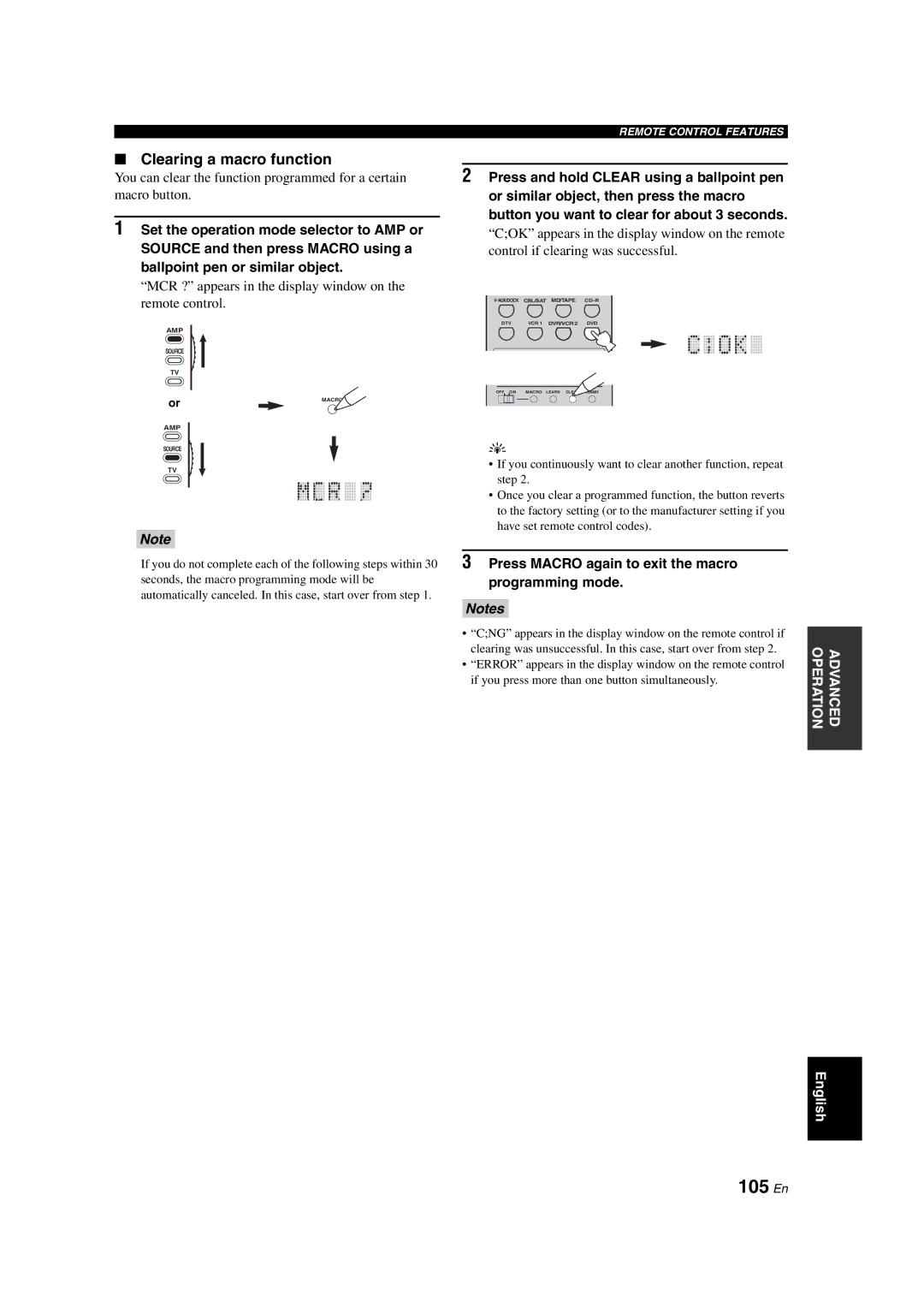 Yamaha RX-V1700 owner manual 105 En, Clearing a macro function, Press Macro again to exit the macro programming mode 