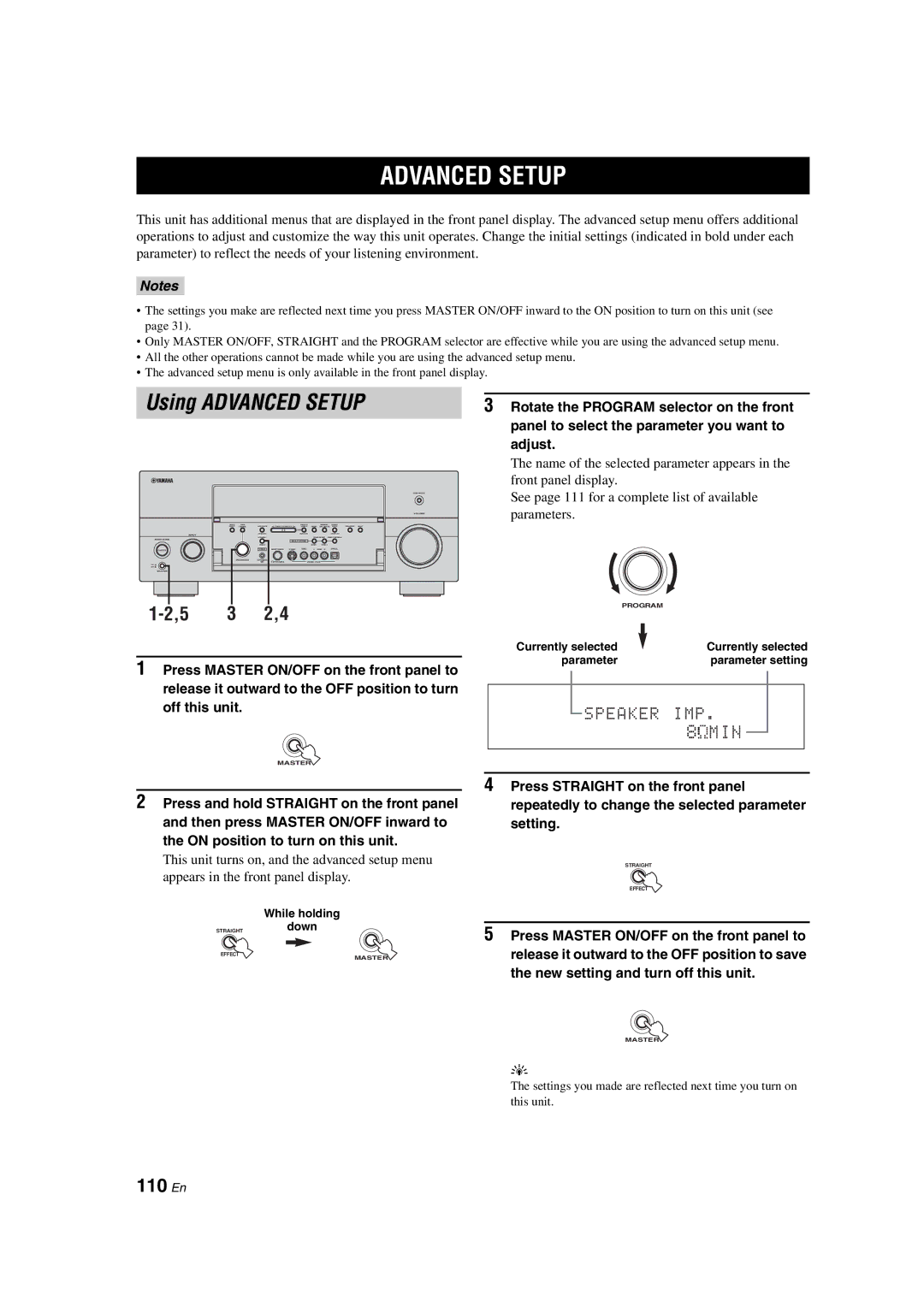 Yamaha RX-V1700 owner manual Using Advanced Setup, 110 En 