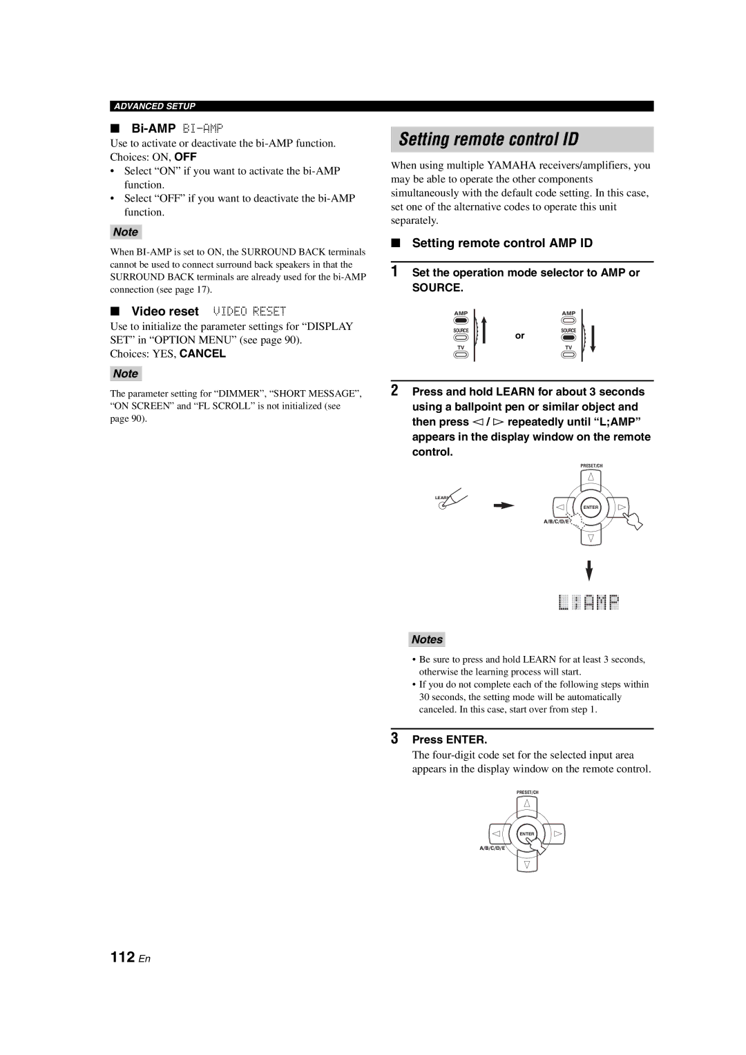 Yamaha RX-V1700 Setting remote control ID, 112 En, Bi-AMP BI-AMP, Video reset Video Reset, Setting remote control AMP ID 