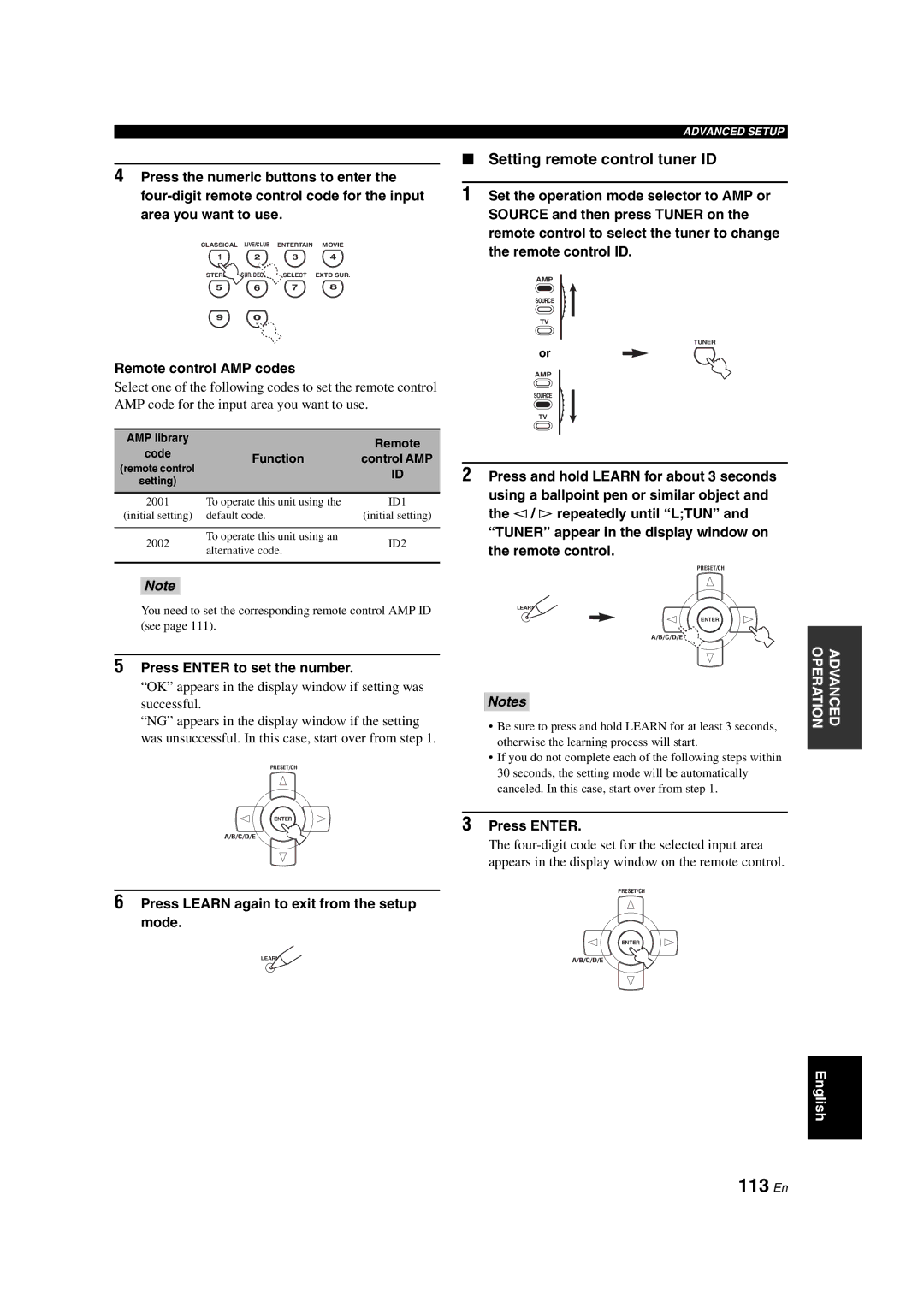 Yamaha RX-V1700 owner manual 113 En, Setting remote control tuner ID, Remote control AMP codes, Control AMP 