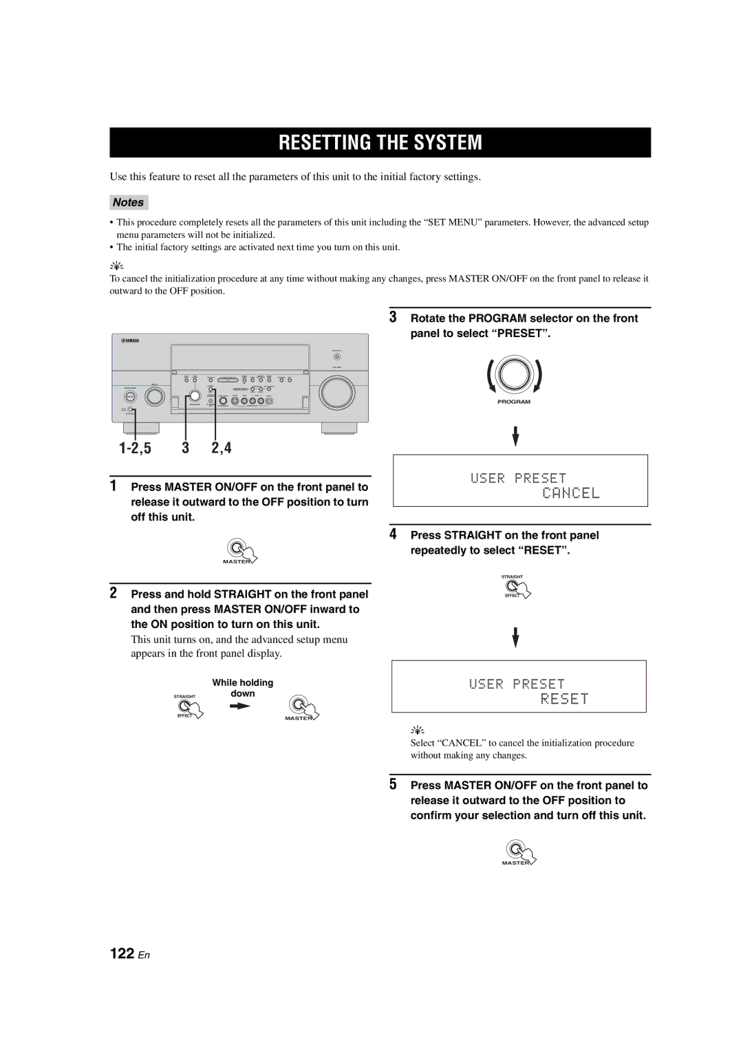 Yamaha RX-V1700 owner manual Resetting the System, 122 En 